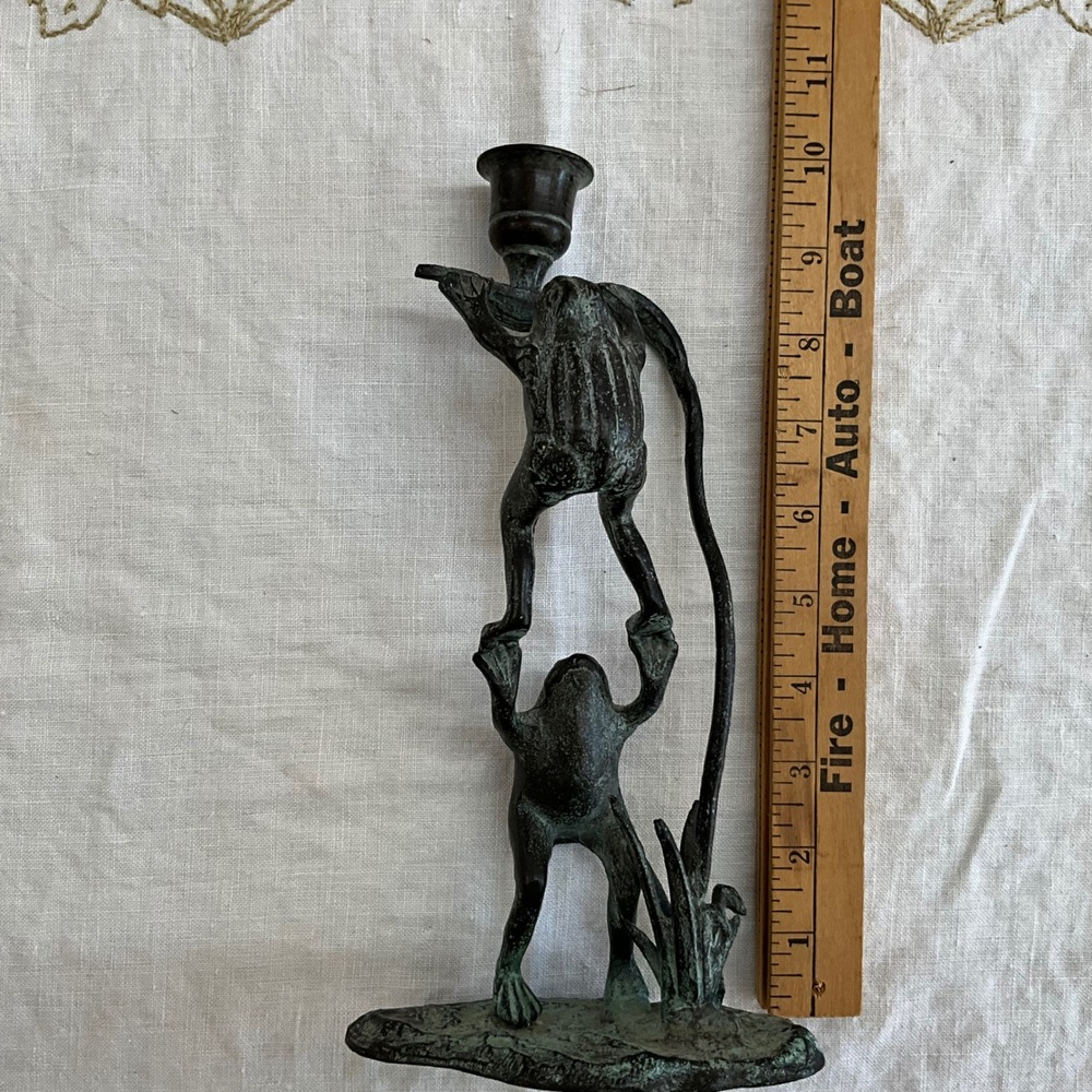 Vintage Style Verdigris Bronze Frog Acrobat Candlestick Holder Figural 10.5" - Picture 8 of 10